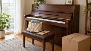 引っ越し先の部屋に置かれたピアノと、楽譜入りのバッグ、段ボール箱のイメージ